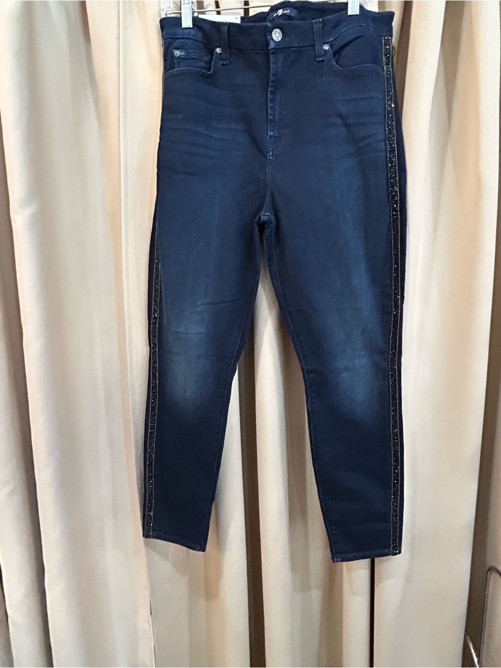 7 For All Mankind Dark Blue Skinny Jeans with Side Glitter Stripe